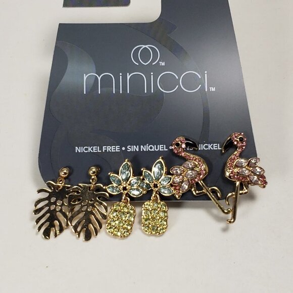 Minicci 3 Pairs of Gold-Tone Crystal Post Drop Earrings, Flamingo, Leaf, Flower - Picture 3 of 11